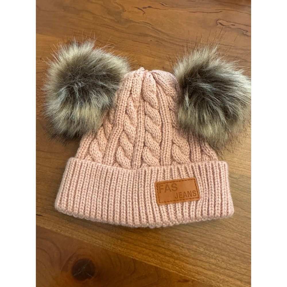 FAS JEANS Kids Double Pom Pom Beanie Pink Cable Knit Faux Fur Winter Hat